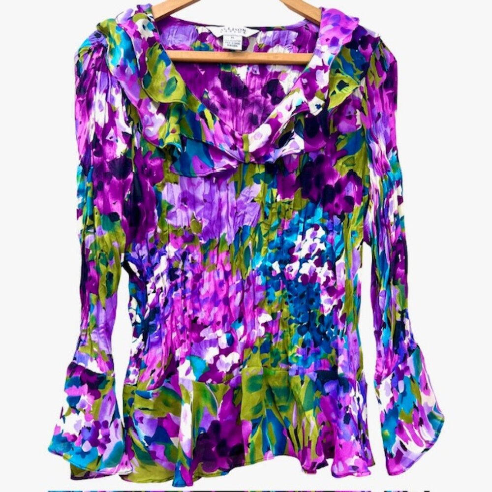 Allison Taylor & Laura Max Blouse L+XL Pleated Ruffle V-Neck Bell Sleeve(#53 - Picture 6 of 14